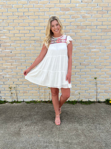 White Tiered Embroidered Babydoll Dress-BLU PEPPER-Sunshine Boutique Camden TN