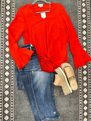 Tomato Red Tie Front Top-143 STORY-Sunshine Boutique Camden TN
