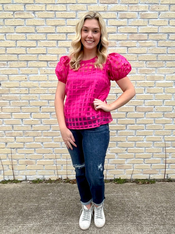 Hot Pink Puff Sleeve Blouse-COTTON BLEU-Sunshine Boutique Camden TN