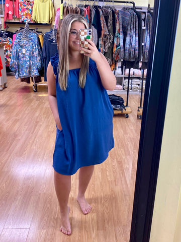 Blue Ruched Tank Dress-COTTON BLEU-Sunshine Boutique Camden TN