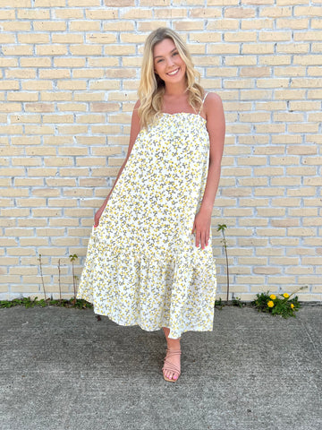 Yellow Floral Straight Lined Midi Dress-BLU PEPPER-Sunshine Boutique Camden TN